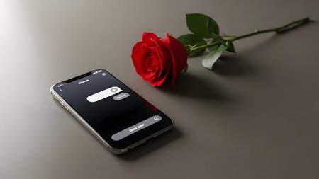 Mobile phone with red rose on gray background. Valentine's day concept.の素材