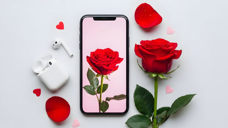 Smartphone with red rose, earphones and hearts on white backgroundの素材