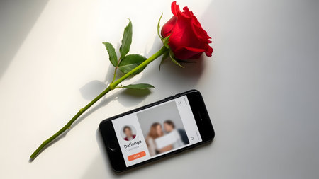 close up of a smart phone and a red rose on white backgroundの素材