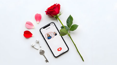 Valentine's day concept. Red rose and a smartphone with a message on the screenの素材