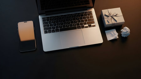 Laptop, smartphone and gift box on black background. 3d rendering.の素材