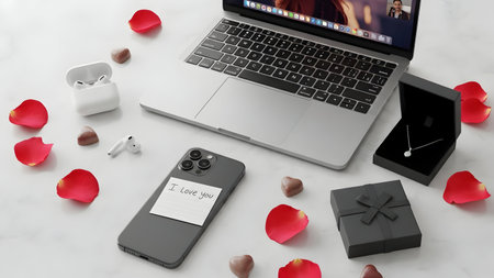 Laptop, mobile phone, earphones and red rose petalsの素材