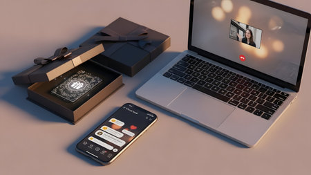 Laptop and gift box on the table. 3d rendering.の素材
