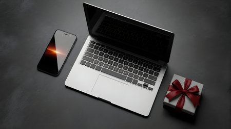 Laptop, smartphone and gift box on a black background. 3d rendering.の素材
