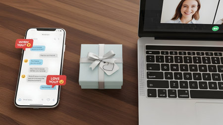Laptop, smartphone and gift box on wooden table. 3d rendering.の素材