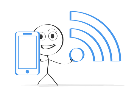 Illustration of man with Smartphone and WLAN signのイラスト素材