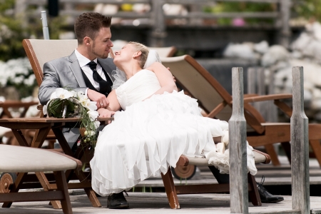 bride and groom couple celebrating their weddingの写真素材