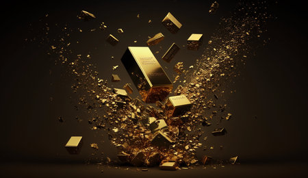 3d rendering of golden cubes falling in the air. Abstract background.の素材