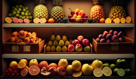 Fruits and vegetables on a shelf of a supermarket. Toned.の素材