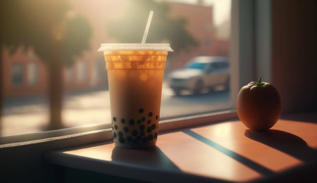 A glass of bubble tea with pearls on the windowの素材