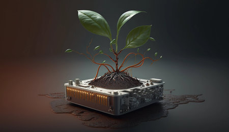 green plant growing from a microchip on dark backgroundの素材