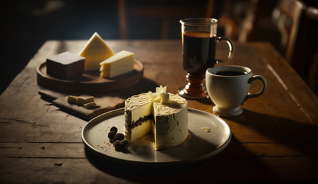 Coffee and cheesecake on a wooden table. Selective focusの素材