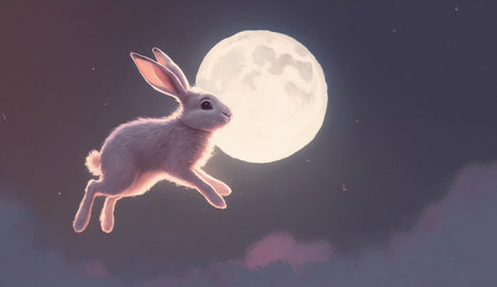 Rabbit with the full moon in the night sky, 3d illustration by AIの素材