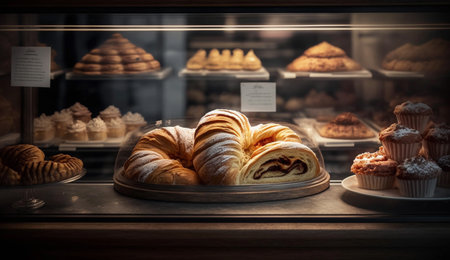 Fresh croissants in a shop window. Toned image.の素材