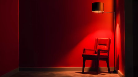 Lamp and chair on a red wall background. 3d renderingの素材