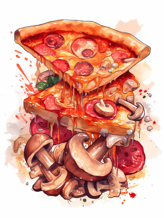 Pizza with mushrooms, salami and cheese. Vector illustration.の素材