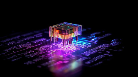 Microcircuit with microchips and electronic components. 3d rendering by AIの素材