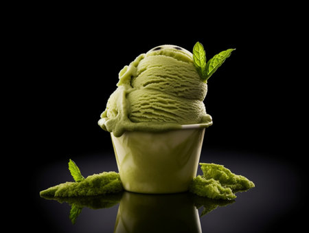 Mint ice cream in a cup on a black background with mint leavesの素材