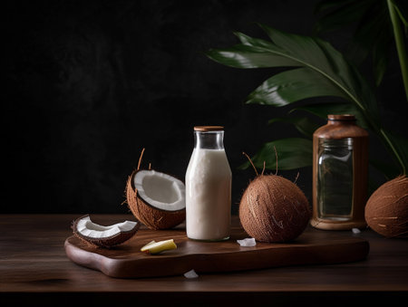 Coconut milk in a bottle and fresh coconuts on a dark backgroundの素材