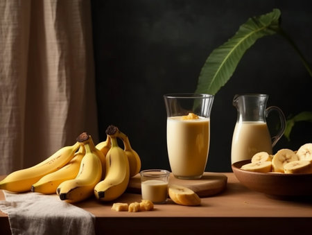Banana milk in a glass and fresh bananas on a wooden tableの素材
