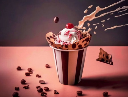 A cup of ice cream with strawberry and chocolate sauce on top.の素材