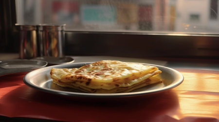A plate of roti paratha is on the table. Indian food, Malaysia food, Singapore food, south Asian foodの素材