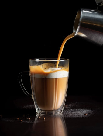Pouring milk tea into a glass on a black background, closeup, Malaysia, Singapore, south Asian  drink - teh tarikの素材