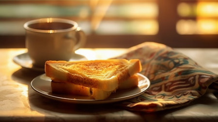 Breakfast with coffee and toast on table in morning sunlight, close upの素材