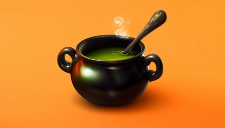Cauldron Witchcraft, the witch cooking pot, with a wooden spoon on orange backgroundの素材