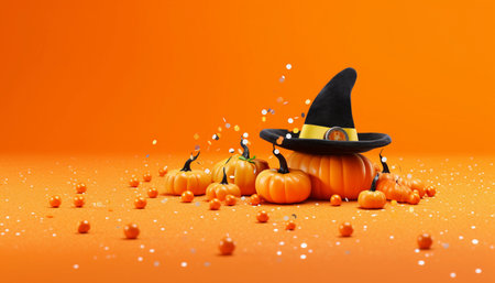 Halloween pumpkins with witch hat and confetti on orange backgroundの素材