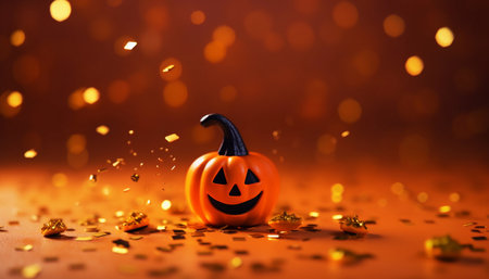 Halloween pumpkin with golden confetti on orange background. Holiday concept.の素材