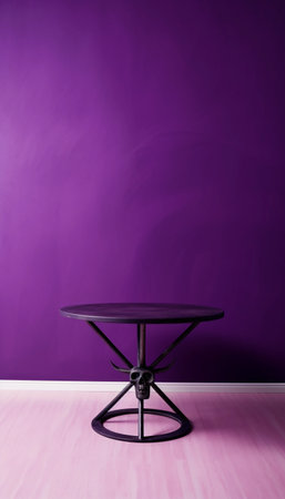 A purple wall with a round table in front of it. Halloween concept, skull inspirationの素材