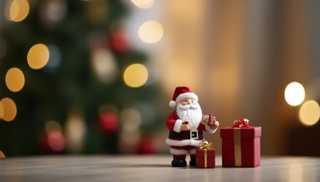 Santa Claus with gift box and Christmas tree on bokeh backgroundの素材