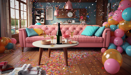 3d render of living room with pink sofa, champagne, balloons and confettiの素材