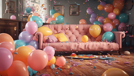 Living room with pink sofa, balloons and confetti. 3d renderingの素材