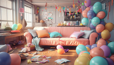3d render of a messy living room with balloons and giftsの素材