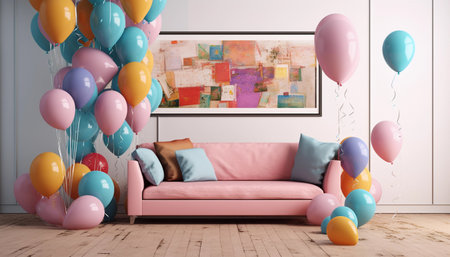 Living room interior with pink sofa and colorful balloons. 3d renderingの素材
