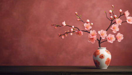 Cherry blossom in vase on wooden table and red wall backgroundの素材