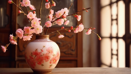 ceramic vase with cherry blossoms on the wooden table.の素材