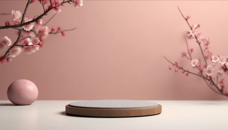 3d render of minimal product display podium with cherry blossoms.の素材