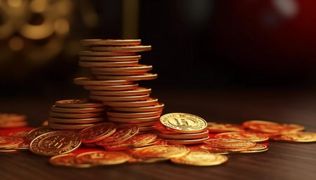 Golden coins stack on wooden table. 3d render. Cryptocurrency conceptの素材