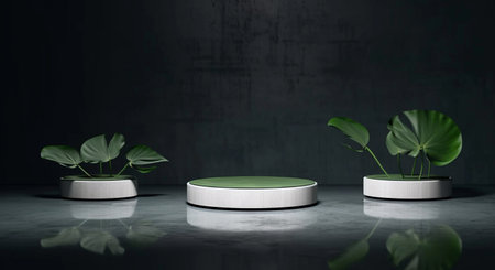 3d render of podium for product display. Abstract background with green leaves.の素材