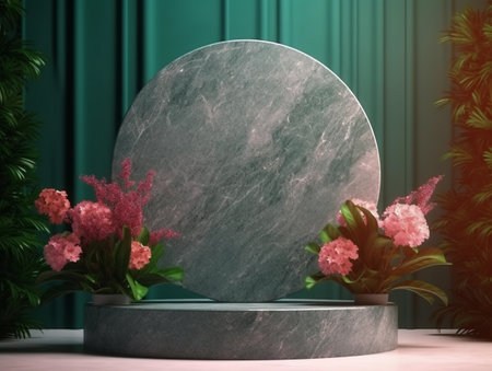 Green marble product display podium with pink hydrangea flowers on the green backgroundの素材
