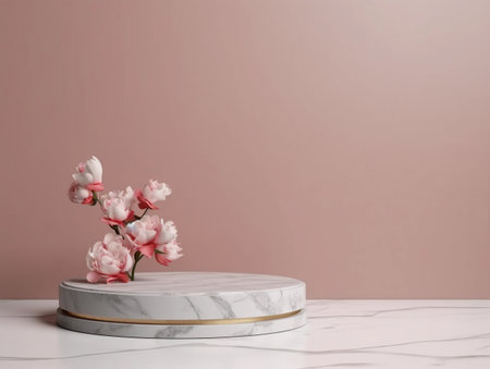 3d render of white marble podium with pink flowers on white marble table.の素材
