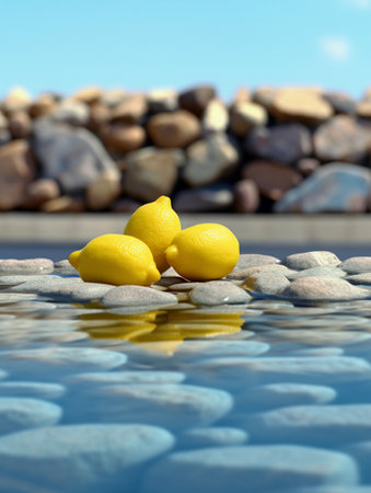 Lemons in a pool with stones and blue sky in the backgroundの素材