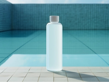 Bottle of water in swimming pool. 3d rendering mock upの素材