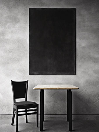 Blank black poster on concrete wall and chair. Mock up, 3D Renderingの素材