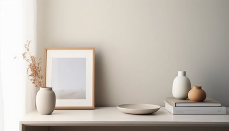 Modern scandinavian interior with mock up poster frame. 3d rendering, 3d illustration.の素材