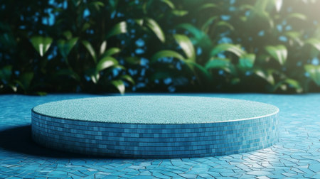 3D render of a round podium on a stone floor in the garden.の素材
