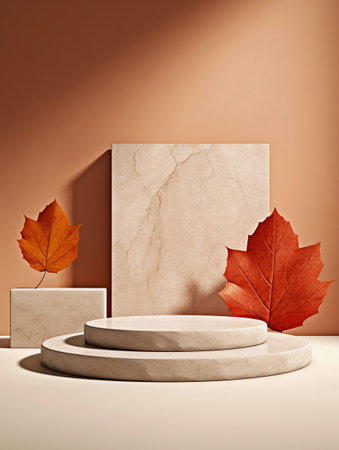 3d rendering of abstract geometric forms. Brown background with marble podiums and autumn leaves.の素材